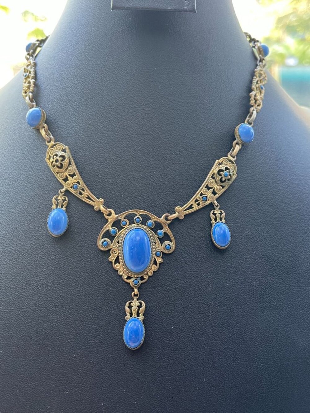 Vtg Art Nouveau Blue Glass Stone Gold Tone Necklace Signed Made in France - Picture 11 of 16